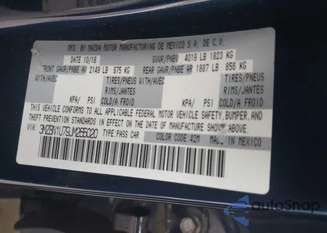 2018 Mazda Mazda3 Sport from USA, damaged, VIN 3MZBN1U79JM265020